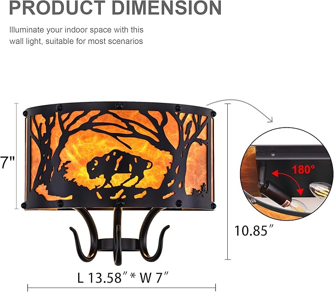 TOCHIC Farmhouse Wall Sconce, Rustic Vintage Indoor Wall Light Fixture, 2-Light Western Cow Wall Mount Light for Bedroom, Hallway, Living Room, Stairway