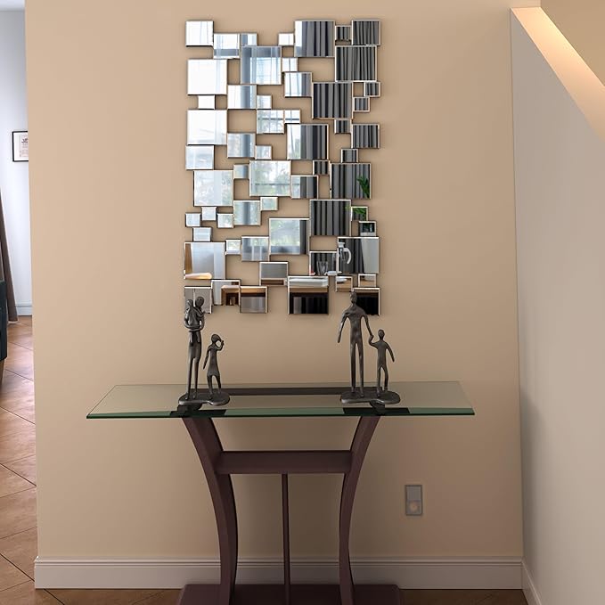 KOHROS Large Silver Wall Mirrors Decorative 48×32 Inch Modern Art Geometric Patchwork Mirror for Wall Decor, Living Room & Entryway Decor, 3D Space - Extending Wall - Mounted Mirror