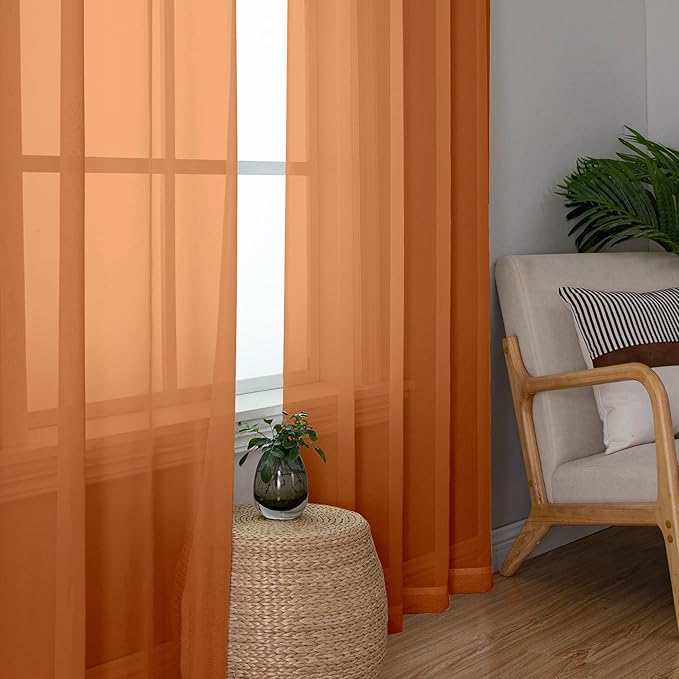 Aiyufeng Orange Sheer Curtains 63 Inch Length 2 Panels Set, Light Filtering - Image 3