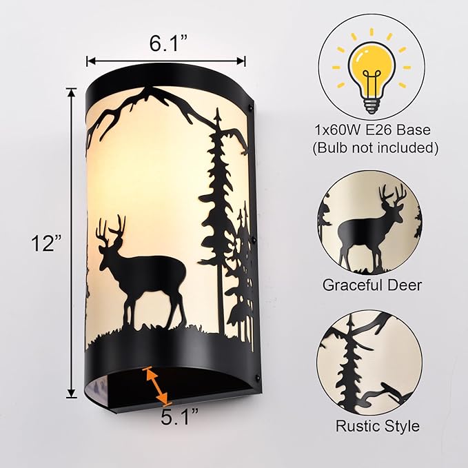 Wall Light Fixtures,Deer Cream White Parchment Rustic Wall Sconces,Farmhouse E26 Base Wall Sconce Light,Industrial Metal Black Sconce,Wall Lamps for Bedroom,Living Room,Hallway,Stairway