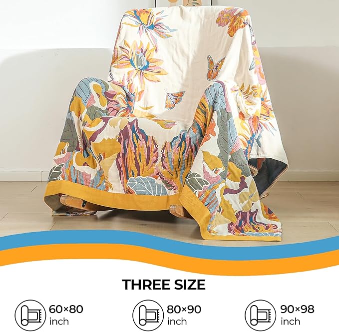 Boho Large Throw Blanket for Bed Couch 60" x 80 "100% Cotton Gauze Fall Blankets Home Decor Soft Lightweight for Sofa Quilt with Floral Butterfly
