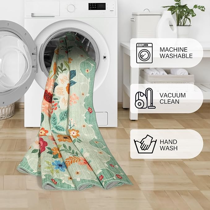 DUKINO 2x4 Entryway Rug, Floral Washable Kitchen Rugs Non Slip, Soft Indoor - Image 8