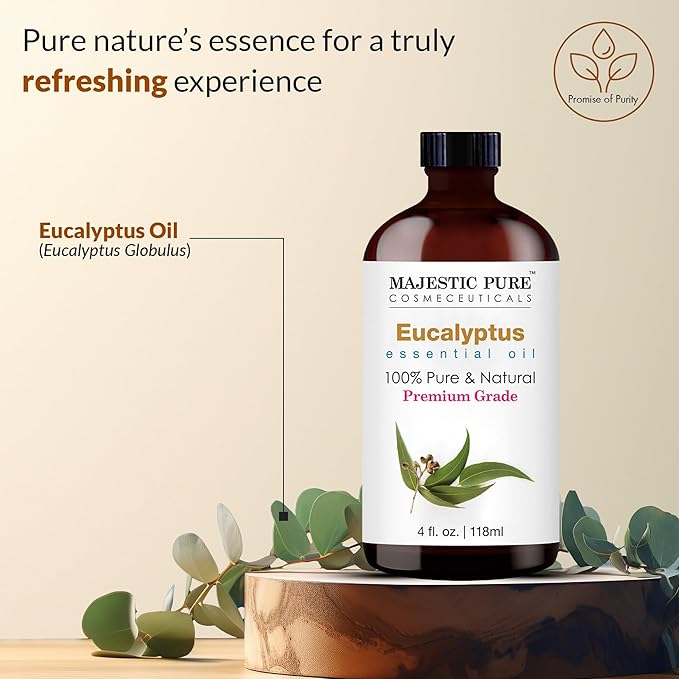 Majestic Pure Eucalyptus Essential Oil with Glass Dropper - Huge 4 Fl Oz - 100% Pure and Natural Eucalyptus Oil - Premium Grade Essential Oils for Diffuser, Aromatherapy, Soap and Candle Making