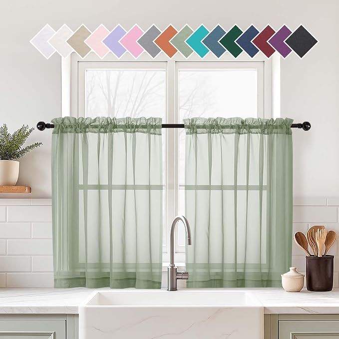Sage Green Sheer Curtains Tier 30 Inches Length 2 Panels, Light Filtering by Home