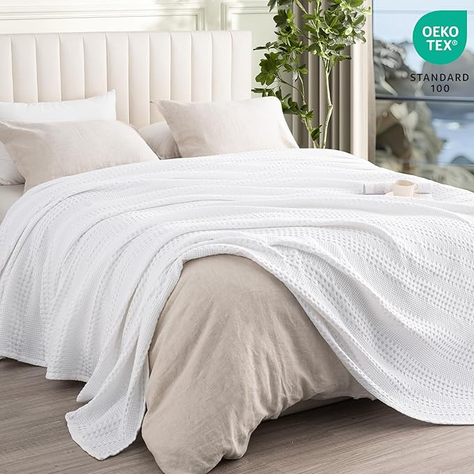 PHF Cooling Waffle Blanket King Size, Lightweight 60% Rayon Derived from Bamboo & 40& Cotton Breathable Blanket for Hot Sleepers, Soft and Luxury for Bed Couch and Sofa, 104"x90", White