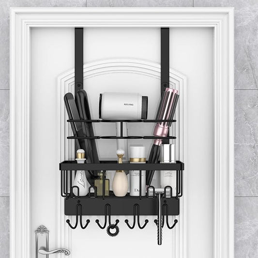 REFLYING Over-the-Door Hairdryer and Styling Tool Organizer, Metal, Black, 3 Compartments, 8 Hooks, 15"H x 10"W x 4.7"D