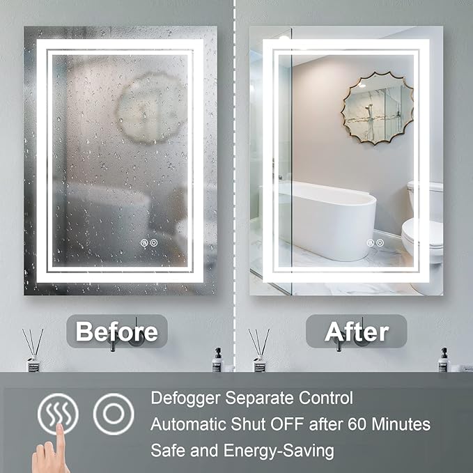 WELLFOR LED Bathroom Vanity Mirror 24 x 32 Inch, Lighted Anti-Fog Dimmable Mirror, IP44 Waterproof Wall Mounted Makeup Mirror, Packed with US Standard Plug and Touch Switch, (Horizontal/Vertical)