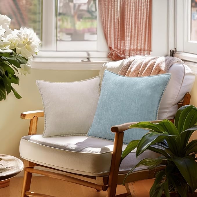 decorUhome Chenille Soft Throw Pillow Covers 26x26 Set of 2, Farmhouse Velvet Neutral Decorative Euro Pillow Covers with Stitched Edge for Couch Sofa Bed Home Decor, Beige