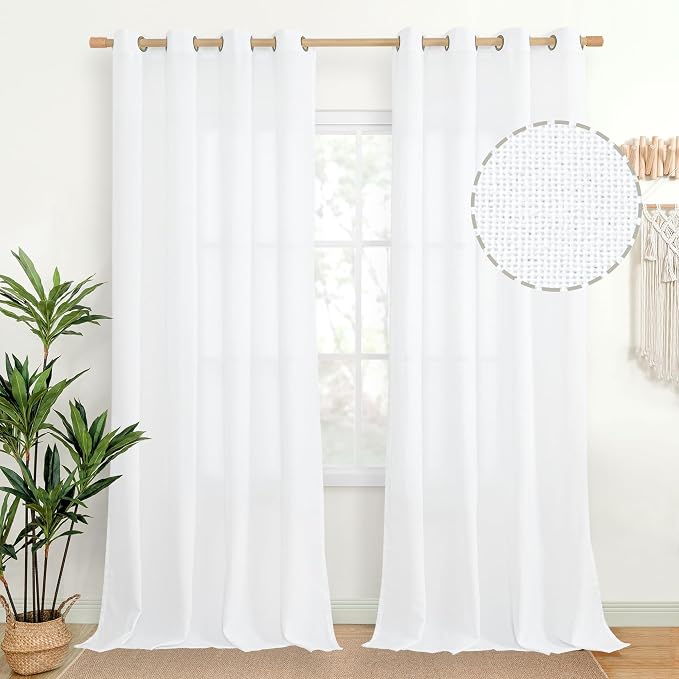 Extra Long White Linen Semi Sheer Curtains 90 Inch Length 2 Panels | Light by YoungsTex