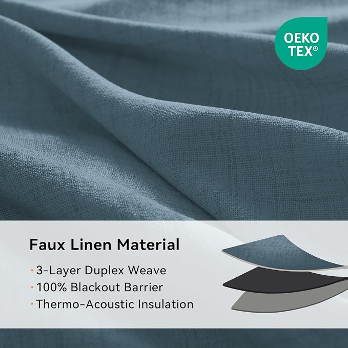 100% Blackout Linen Textured Curtains 96 Inch Long, Stone Blue | 100% Blackout - Image 4