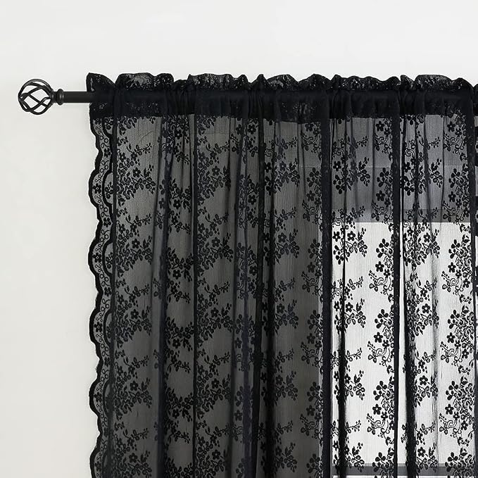 YJ YANJUN Vintage Lace Curtains 108 Inches Long- Victorian Floral Pattern Black - Image 2