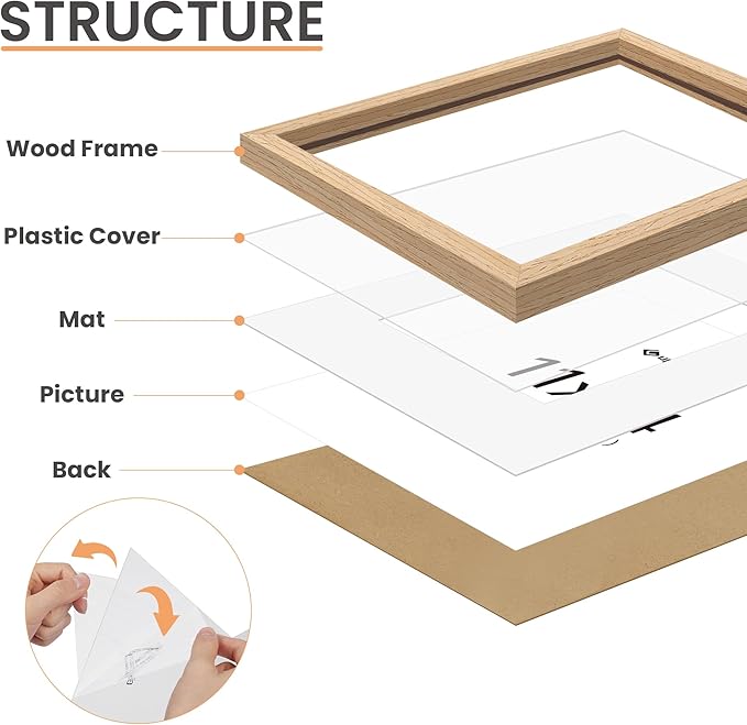 upsimples 11x14 Picture Frame, Natural Solid Wooden Picture Frames, Display 8x10 with Mat or 11 x 14 Without, Vertical or Horizontal Wall Hanging, 1 Pack, Natural