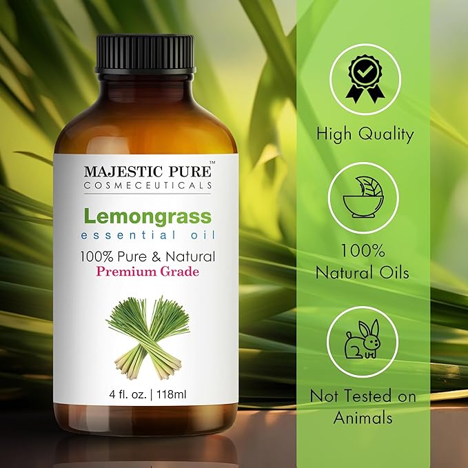 Majestic Pure Lemongrass Essential Oil with Glass Dropper - Huge 4 Fl Oz - 100% Pure and Natural Lemongrass Oil - Premium Grade Essential Oils for Diffuser, Aromatherapy, Soap and Candle Making
