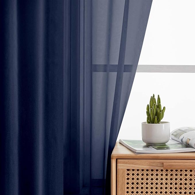 Navy Blue Kitchen Curtains 30 Inch Length Tier 2 PCS, Solid Soft Airy Half - Image 7
