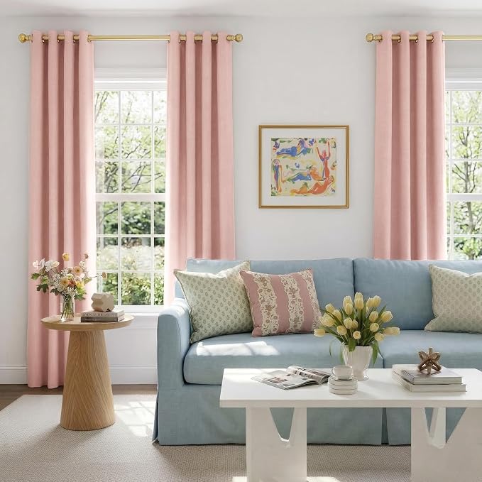 100% Blackout Linen Textured Curtains 84 Inch Long, Blush Pink | 100% Blackout - Image 5