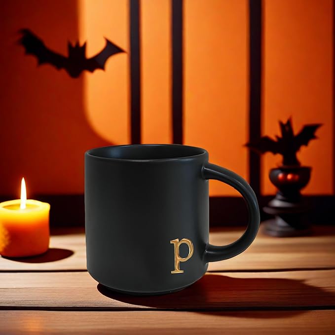 COLLECTIVE HOME - Black Monogram Ceramic Mugs, 15 oz Golden Initial Coffee Cups, Elegant Alphabet Tea Mugs, Personalized Halloween Mug with Gift Box, Perfect for Office and Home Décor (p)