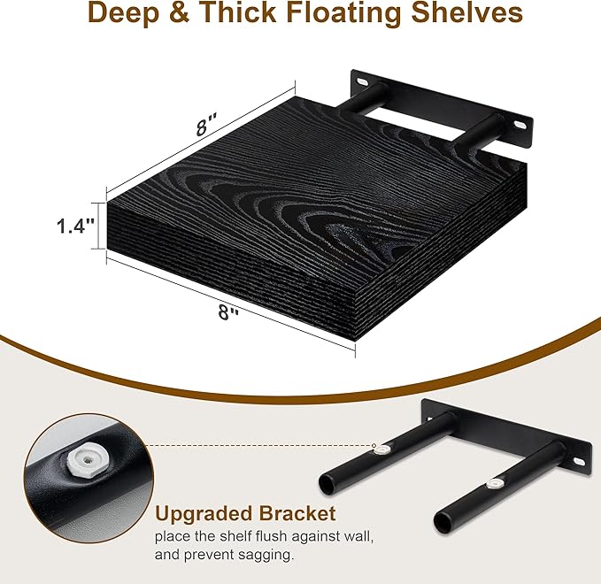 Fun Memories Black Floating Shelves 8 Inch Long, 8" Deep Wall Shelves, Small Deep Floating Shelf Square Wall Shelf, Rustic Display Shelves for Living Room, Bathroom, Kitchen, Set of 2