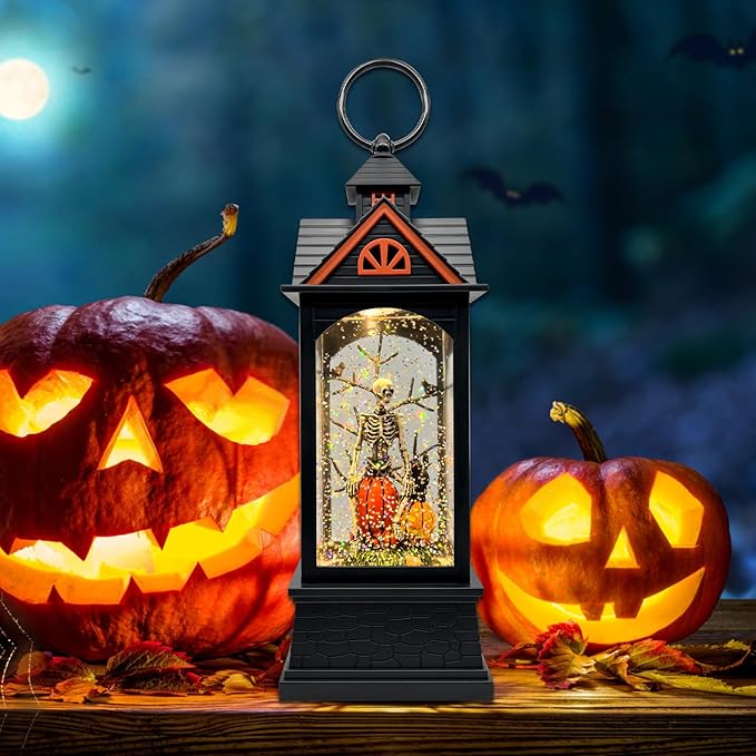Halloween Snow Globe Lantern with 6 Hour Timer,Halloween Decorations Indoor for Home,Halloween Decor,USB or Battery Powered for Halloween Lanterns,Halloween Skeleton-B
