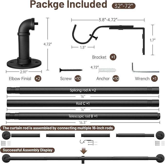Zeerobee Curtain Rods for Windows 32 to 72, 1 Inch Industrial Wrap Around Black - Image 6