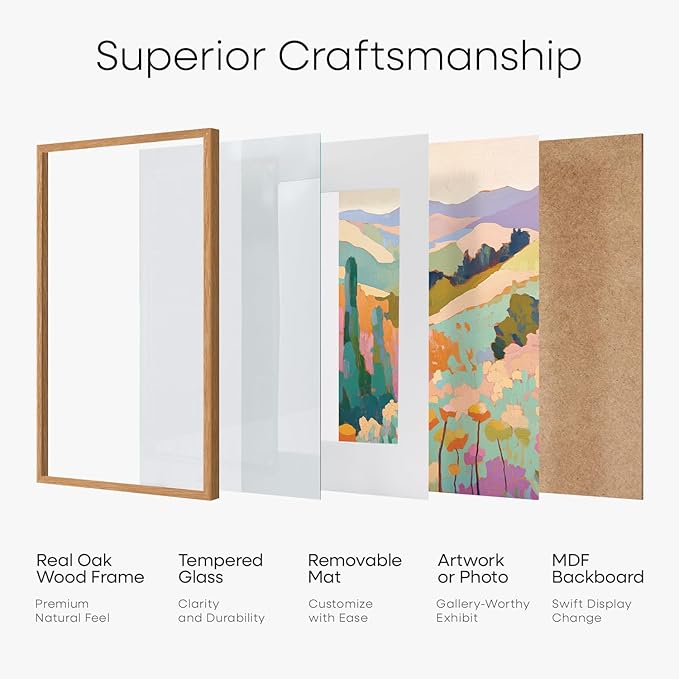 Homeforia 24x36 Poster Frame Wood, High End Natural Oak 24 x 36 Large Picture Frame with Mat 20 by 30, 24x36 Light Wooden Frames Matted to 20x30 Photo, 36x24 Frames, Tempered Glass, Wall Kit, Set of 1