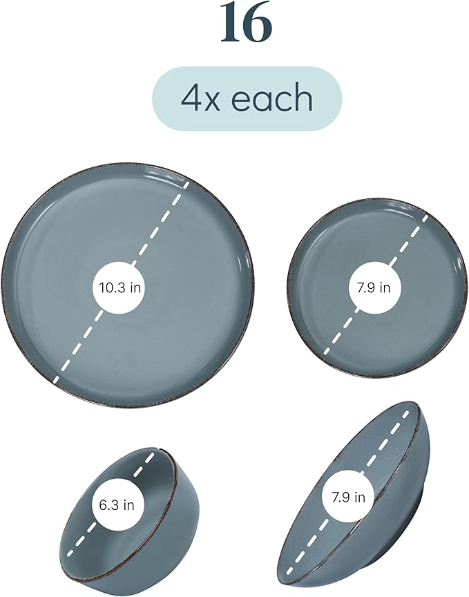 Stoneware dinnerware set 4 persons Rustic 16 pcs - Rustic design dinnerware set, dishwasher safe - Bowl and plate set - Pure Living dinnerware in smoky blue…