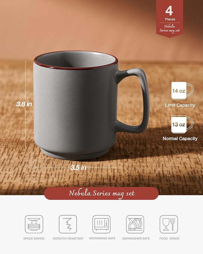 famiware Coffee Mugs Set of 4, Nebula 14oz Coffee Mugs, Ceramic Cup Set with Handle for Latte, Tea, Milk, Cappuccino, Cocoa, Dark Gray