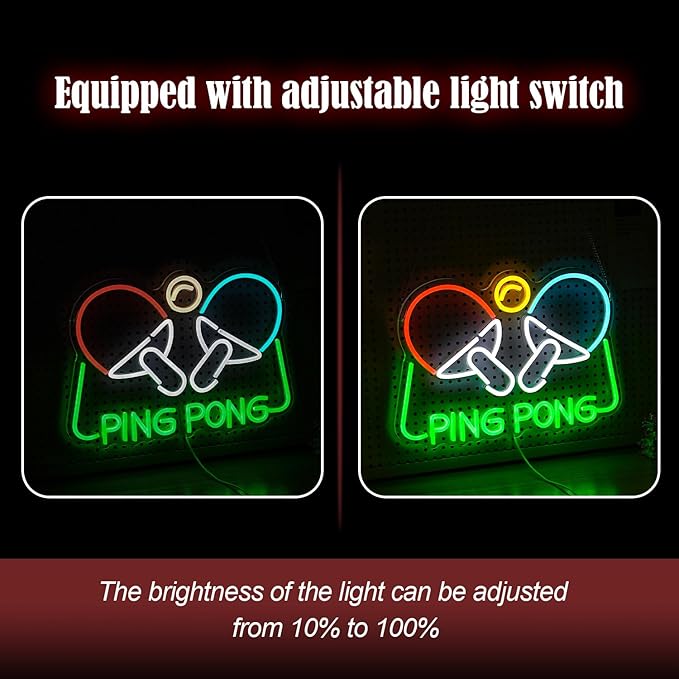 Ping Pong Neon Sign Table Tennis LED Light Up Sign for Wall Decor 16.5*11.4 In USB Dimmable Ping Pong Neon Light for Gymnasium Game Room Bedroom Gift for Table Tennis Enthusiasts(Multicolored)