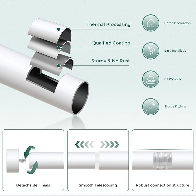 White Curtain Rods for Windows 36 to 176 Inch, Size:36-176 Inch - Image 7