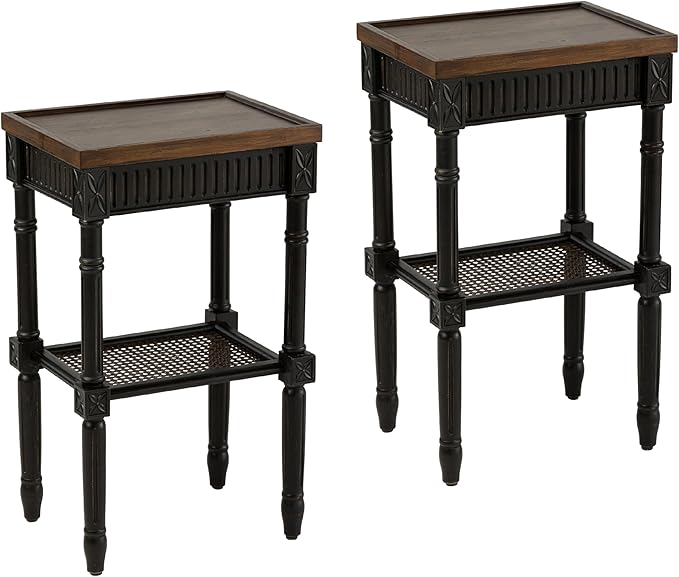 Rustic Farmhouse Cottagecore Accent End Table Set of 2, Distressed Accent Side Table with Espresso Tray Top and Woven Wicker Shelf, Boho, French Country Decor, Square, Weathered Brown & Black