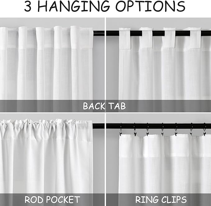 White Linen Curtains 64 Inches Long 2 Panels Set Back Tab Rod Pocket Semi Sheer - Image 3