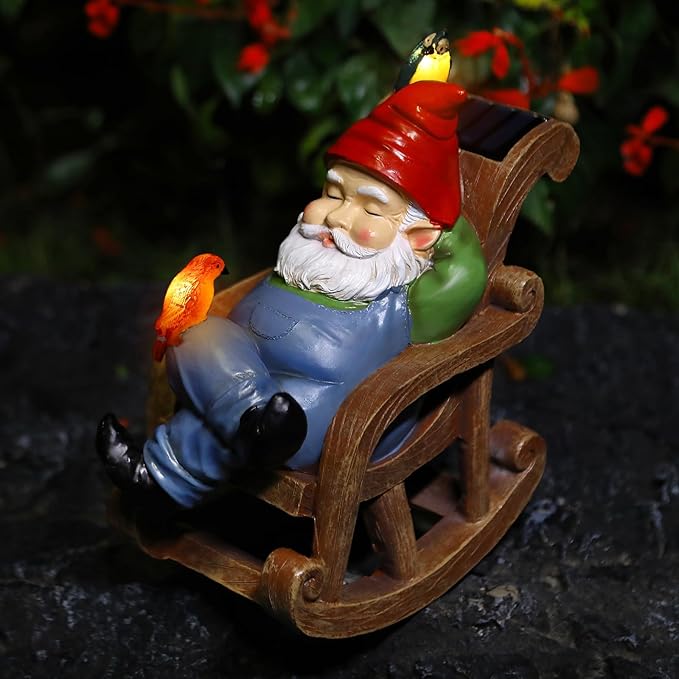 Solar Garden Gnome Statue Outdoor Decor, Patio Gnomes, Outside Yard Sculptures & Statues, Resin Figurines Gift for Women, Mom, Grandma