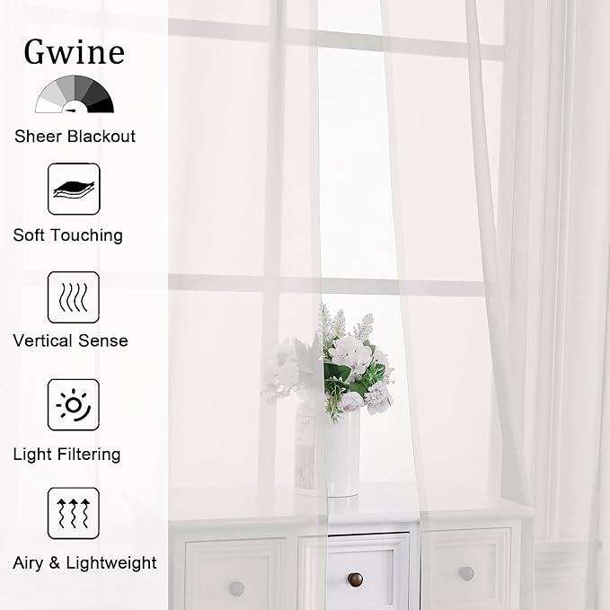 Gwine Ivory Sheer Curtains 120 Inches Long 2 Panels Set, Extra Long Sheer Ivory - Image 2