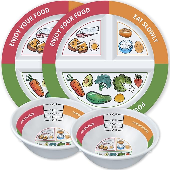 4 Pcs Portion Control Plates & Bowls Set (9 Inch), Self-Measuring for Weight Loss, Gastric Bypass, LapBand, Diabetes, & Healthy Diets, Divided Nutrition Plates for Adults & Children