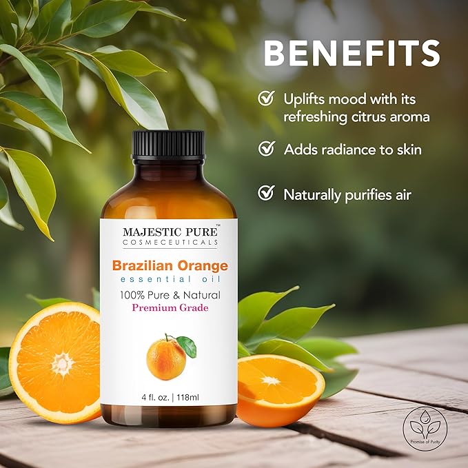 Majestic Pure Brazilian Orange Essential Oil with Glass Dropper - Huge 4 Fl Oz - 100% Pure and Natural Br Orange Oil - Premium Grade Essential Oils for Diffuser, Aromatherapy, Soap and Candle Making