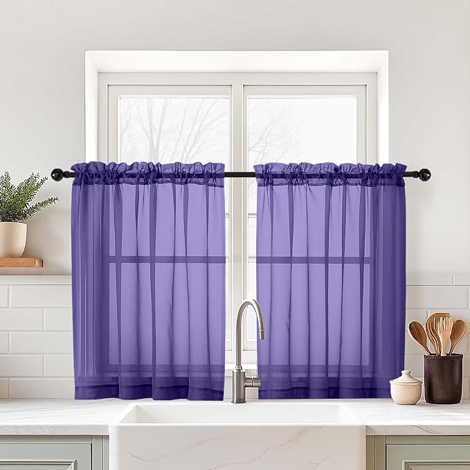 Purple Small Sheer Curtains 2 Panels Set, Kitchen Curtains 36 Inch Length by Home
