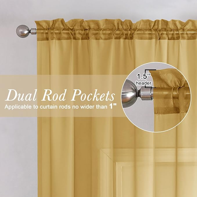 Gold Sheer Curtains 120 Inches Long 2 Panels Set, Rod Pockets Light Filtering - Image 6