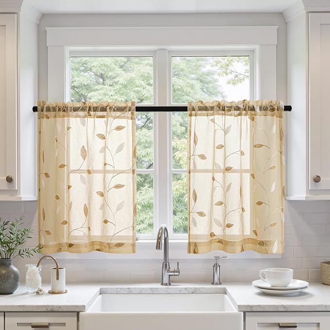 MIULEE Khaki Sheer Curtains 2 Panels Embroidered Leaf Patterned Rod Pocket by MIULEE