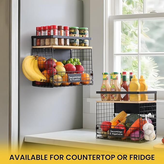 [WIDER Shelf]2 SET Strong Magnetic Shelf Basket for Fridge with Tag & Bamboo Top, XXL Large Magnetic Spice Rack Shelves for Side of Refrigerator, Kitchen Pantry Storage Organizer for Food Fruit Veg