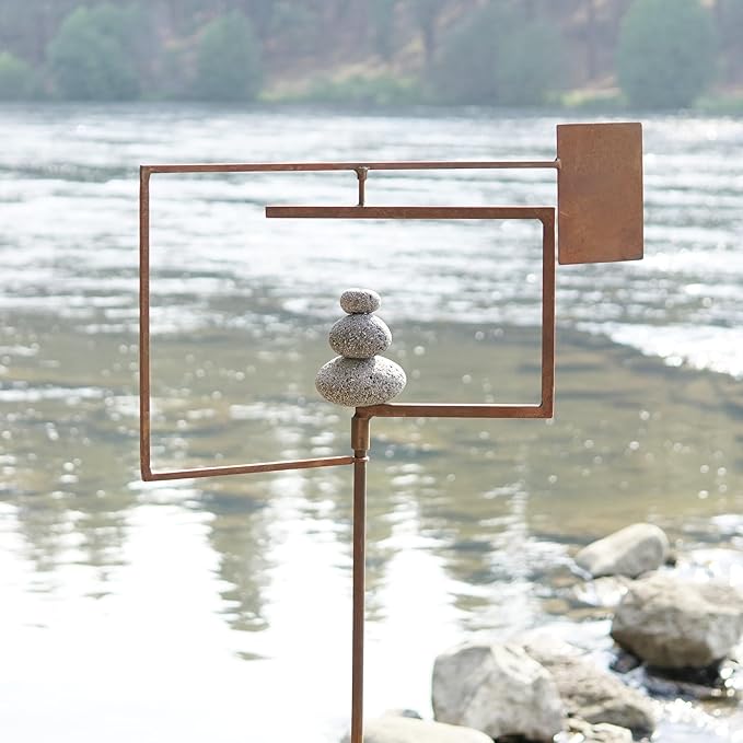 Modern Zen Garden Spinner Kinetic Wind Sculpture with Rock Cairn & Stake - Relaxing Outdoor Spinners for Yard and Garden - Handmade Outdoor Wind Art Vane Sculptures (Bare Steel)