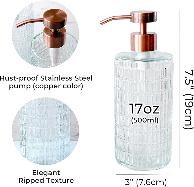 Lunestella Elegant Fluted Glass Dispenser with Stainless Steel Pump, 17oz, Decorative Bottle for Bathroom and Kitchen (Copper)