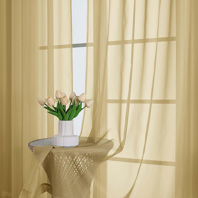 Gold Sheer Curtain 90 Inches Long 2 Panels Set, Solid Filmy Drapes - Image 7
