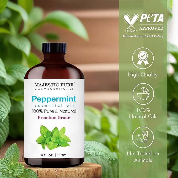 Majestic Pure Peppermint Essential Oil with Glass Dropper - Huge 4 Fl Oz - 100% Pure and Natural Peppermint Oil - Premium Grade Essential Oils for Diffuser, Aromatherapy, Soap and Candle Making