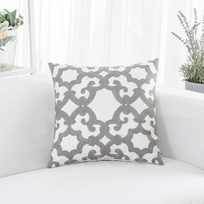 HWY 50 Grey Gray Decorative Throw Pillow Covers 18x18 Inch, Pack of 2 Embroidered Cotton Farmhouse Cushion Cover Pillow Case for Sofa Couch Living Room Bed Bedroon, Geometric Design