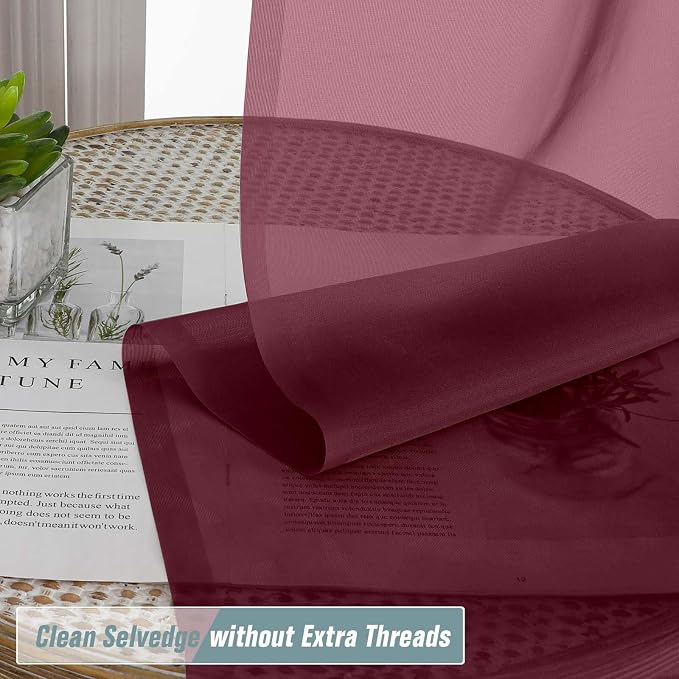 Burgundy Window Sheer Curtains 45 Inches Length, Voile Short Curtains - Image 2
