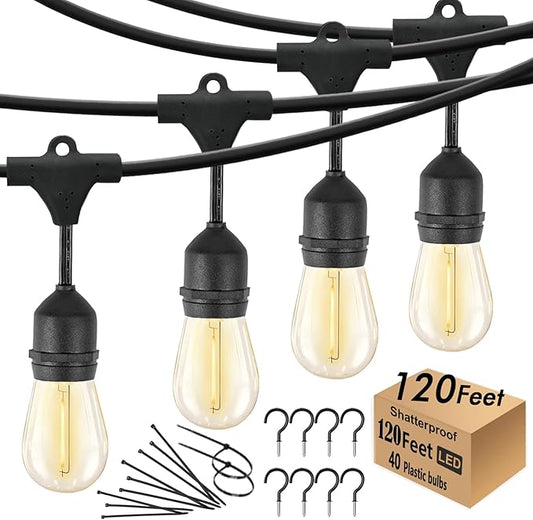 120 FT Outdoor String Lights LED Waterproof with 40 Shatterproof Plastic Warm Edison Bulbs String Bistro Lights for Patio Gazebo Pergola Market