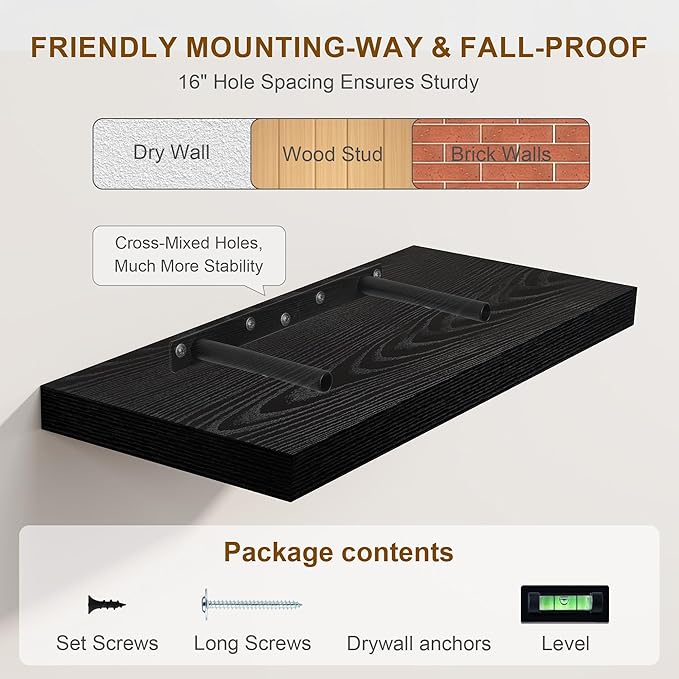 Fun Memories Black Floating Shelves 16 Inch Long, 8 Deep Floating Shelf Wall Mounted, 16 x 8 Inch Wooden Bathroom Shelves, Deep Storage Shelves for Living Room, Kitchen, Set of 2