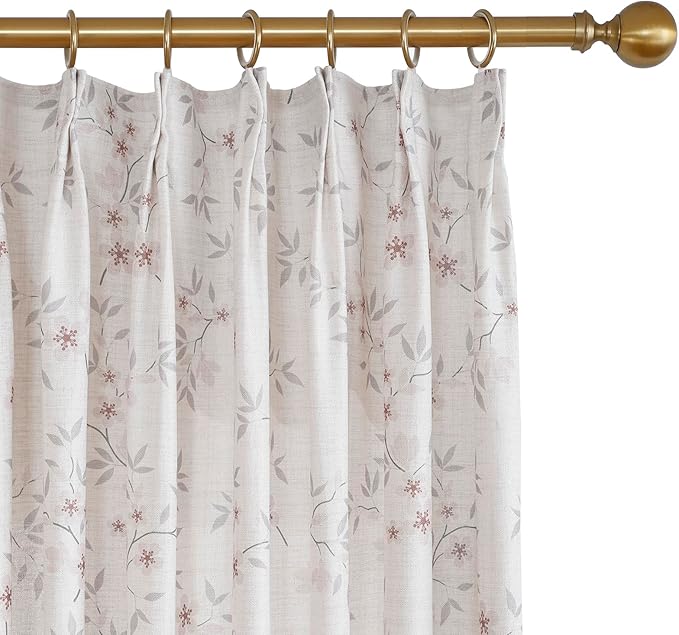 Pink Floral Pinch Pleated Linen Curtains - 2 Panels of Privacy Light-Filtering Printed Curtains Suitable for Dining Rooms and Farmhouses.60 Inches Wide by 84 Inches Long