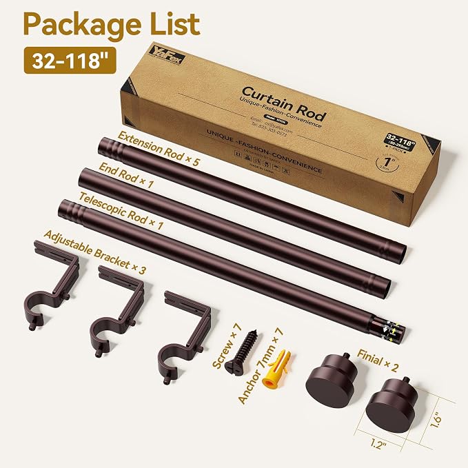 YaFex Curtain Rods 32-118 Inch, Heavy Duty 1 Inch Adjustable Curtain Rod - Image 8