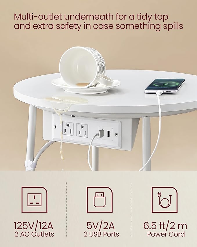 VASAGLE Side Table with Charging Station, Round End Table with Fabric Basket, Nightstand with Power Outlets, USB Ports, for Living Room, Bedroom, Modern, Matte White and Camel Brown ULET228W01