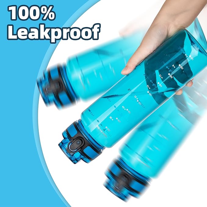 OLDLEY 32 oz Water Bottle, Motivational Water Bottle with Time Marker, Sports Water Bottle With Strap, Leakproof & BPA Free Large Water Bottles for School,Gym,Outdoor, Tritan, Transparent-Blue